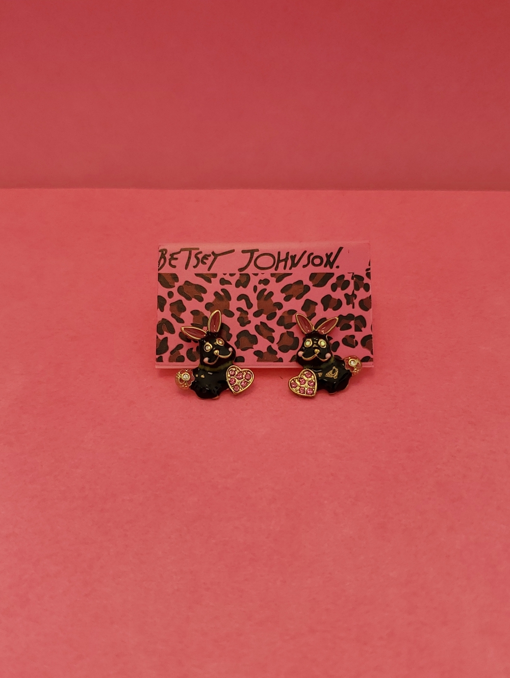 Betsey Johnson Black Bunny Heart Stud Earrings with Pink Accents